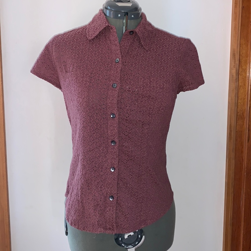 Eyelet Lace Short Sleeve Button Up